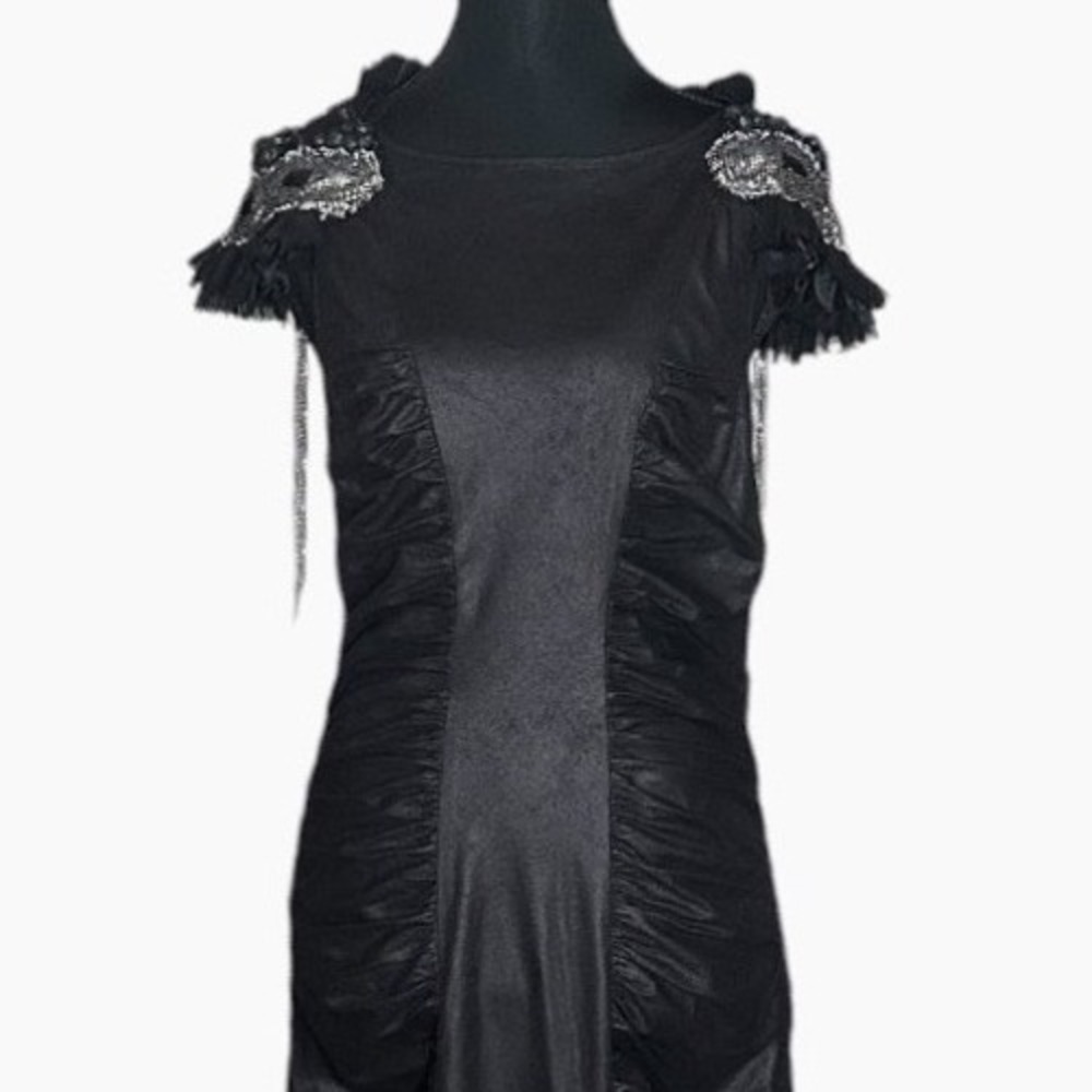 Catherine Malandrino Black Silk Ruched Maxi Gown Beaded Shoulder Size 4 NWT
